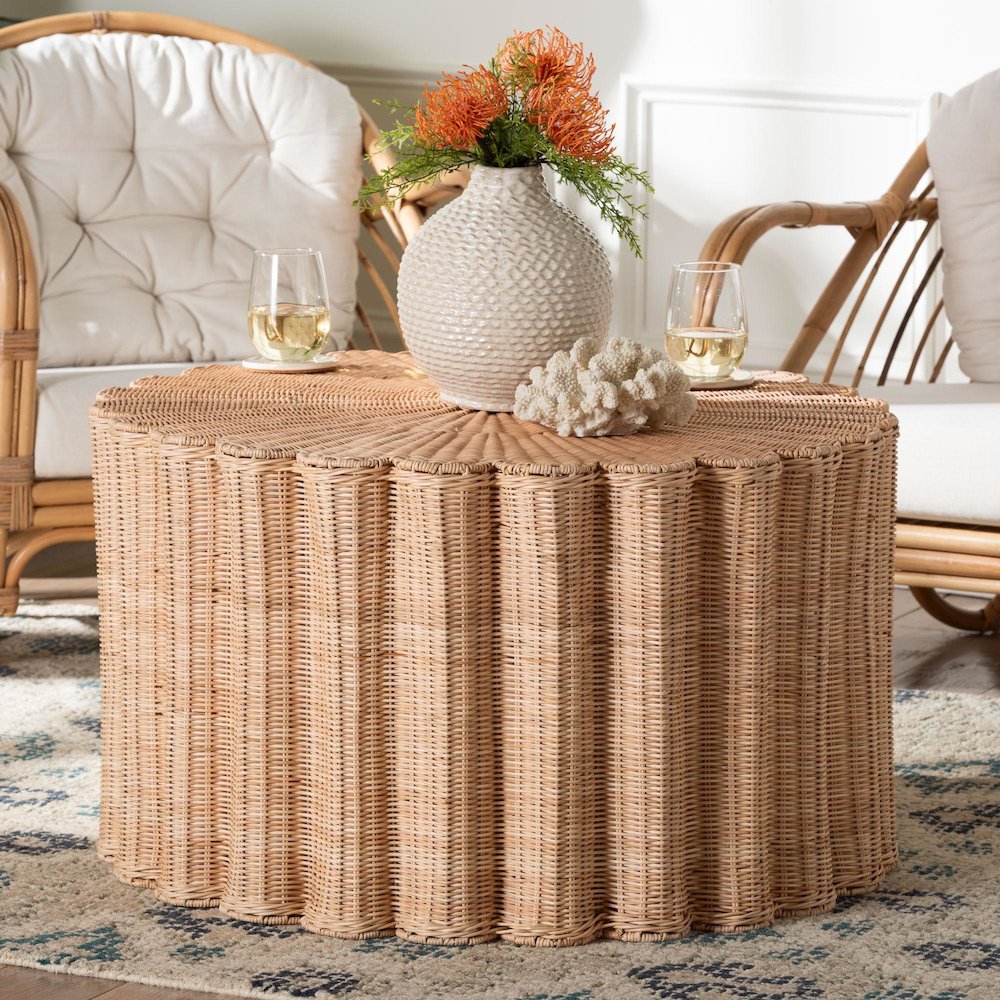 Kensley Natural Rattan Coffee Table - Handwoven Wicker Round Accent Table