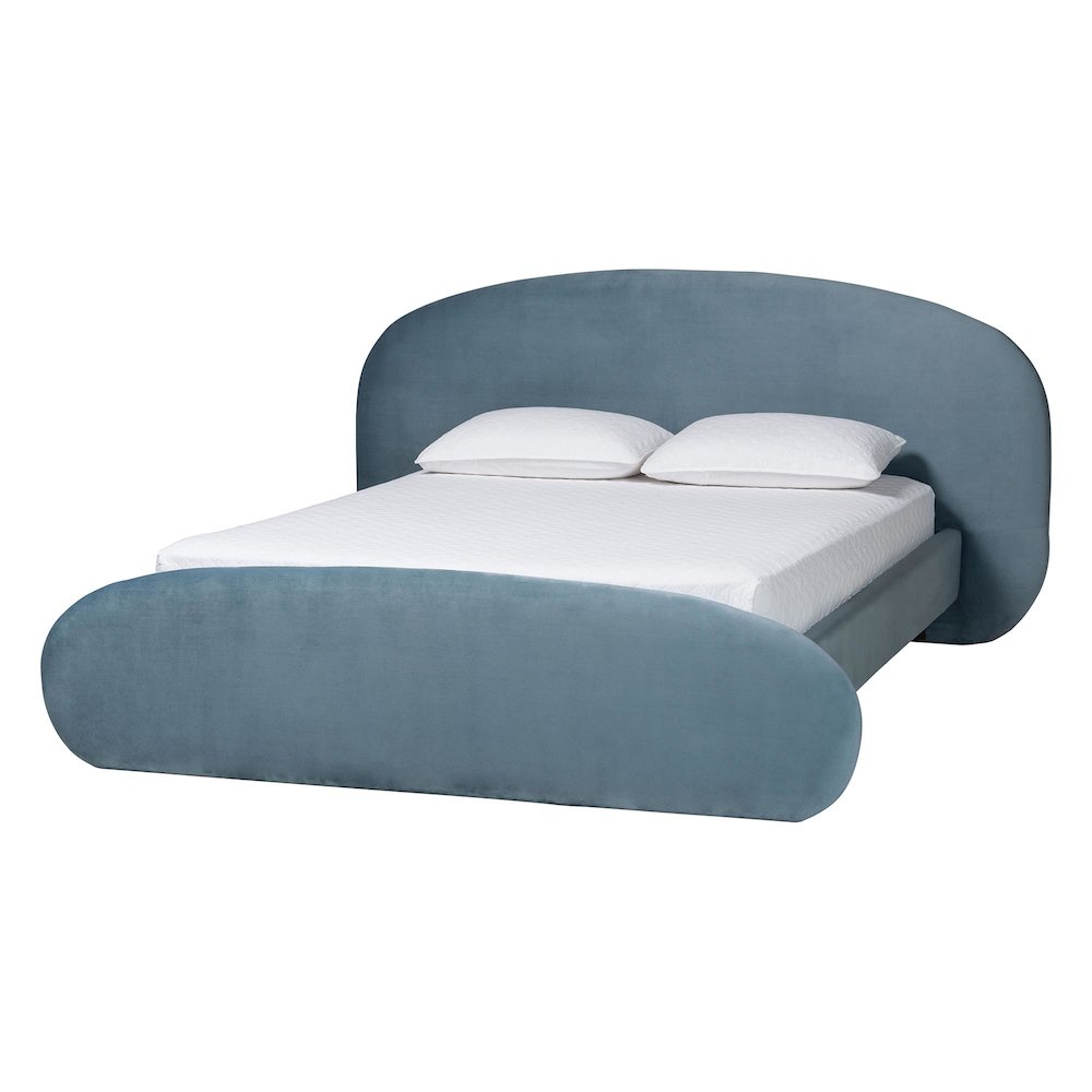 Velvet Upholstered Platform Bed - Mid-Century Bed Frame with Headboard, Queen