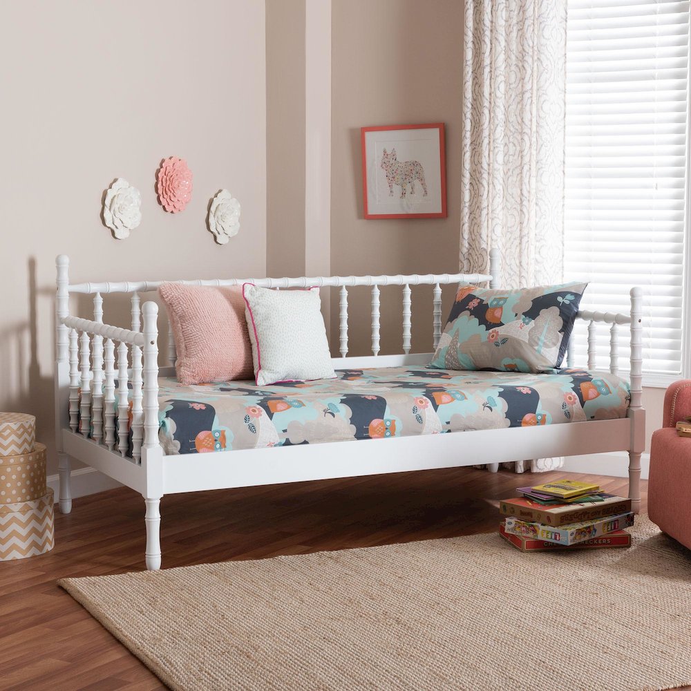Daybed - Spindle Platform Bed Frame with Bamboo-Style Turned Posts, Twin, White