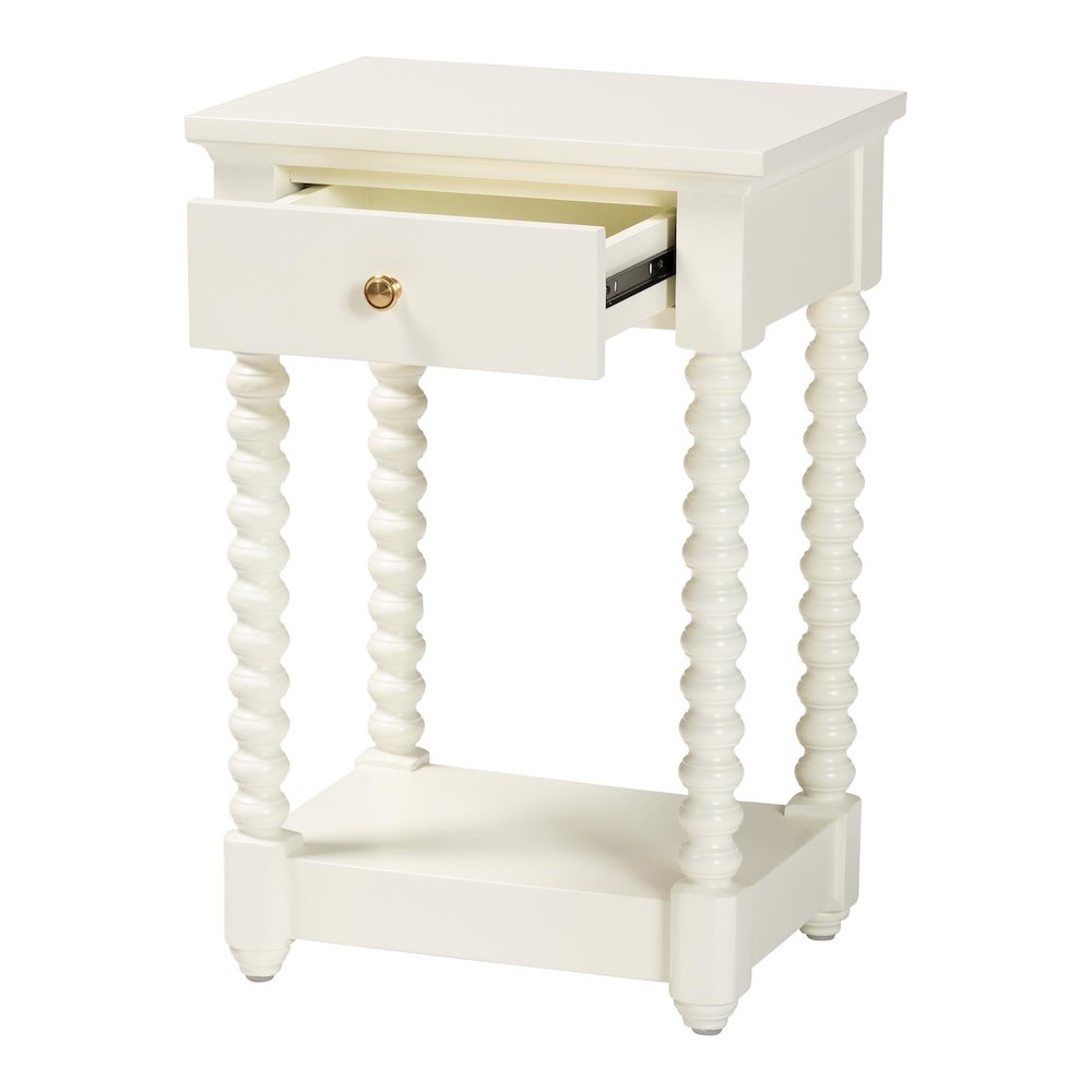 Nightstand with Bobbin Legs - 1-Drawer Bedroom Side Table,  Storage Shelf, White