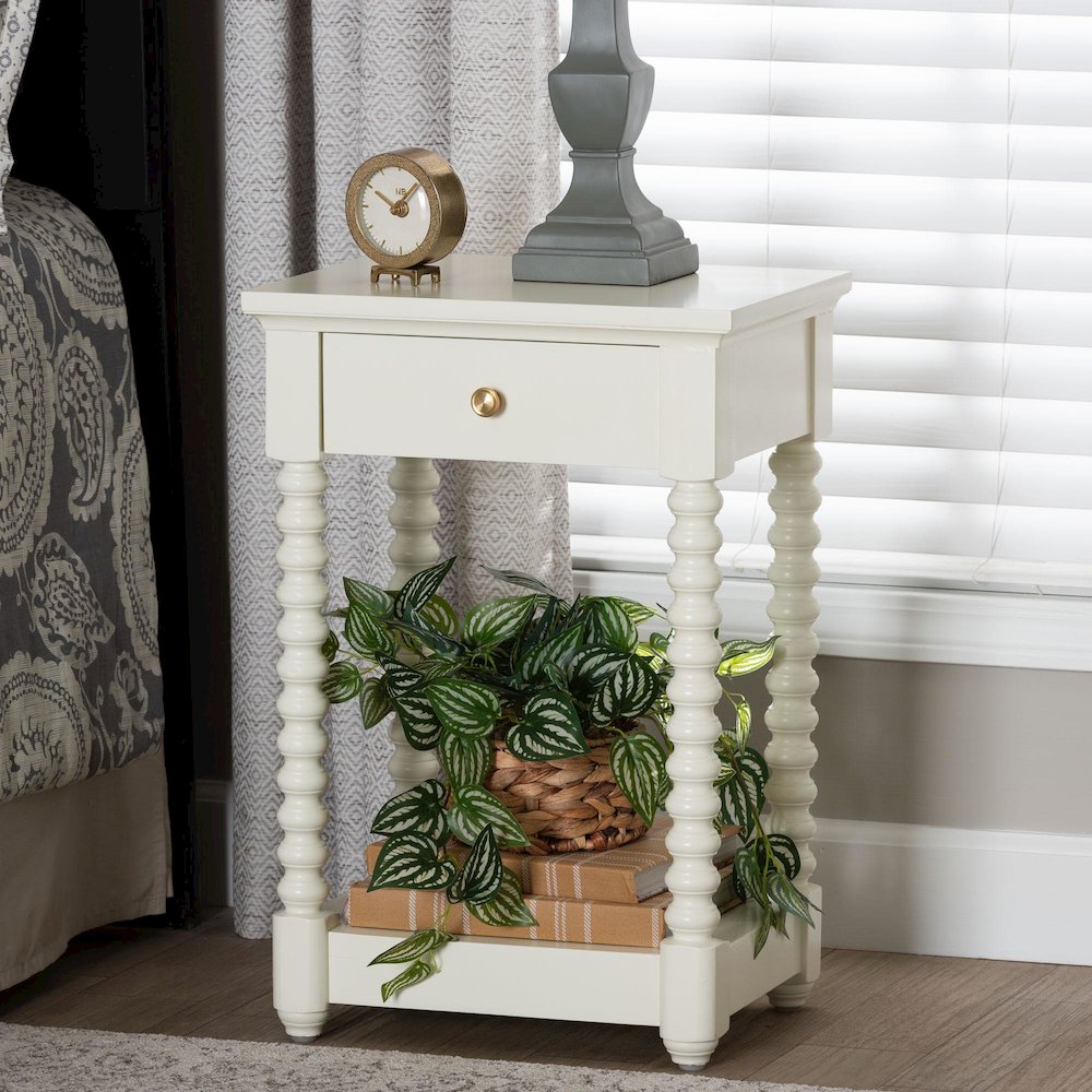 Nightstand with Bobbin Legs - 1-Drawer Bedroom Side Table,  Storage Shelf, White