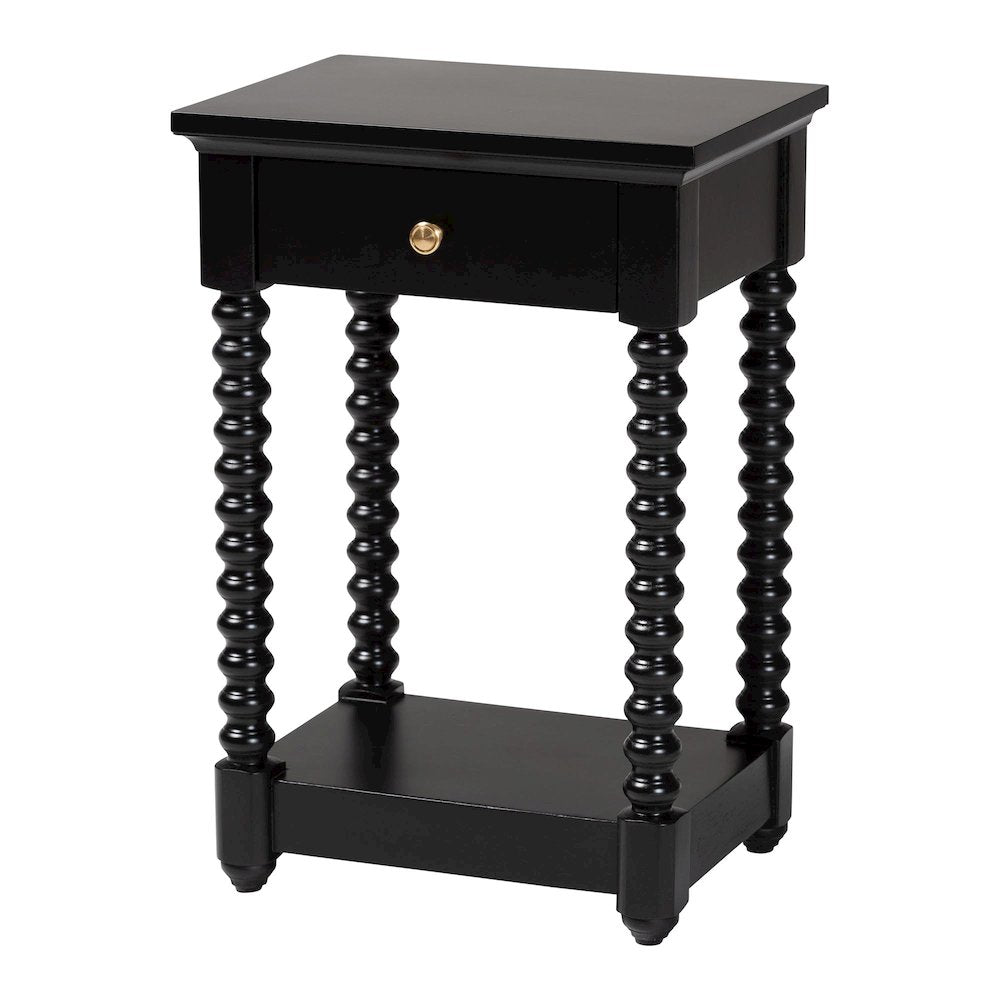 Nightstand with Bobbin Legs - 1-Drawer Bedroom Side Table, Storage Shelf, Black