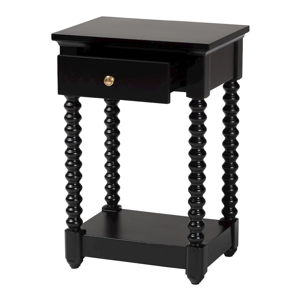 Nightstand with Bobbin Legs - 1-Drawer Bedroom Side Table, Storage Shelf, Black