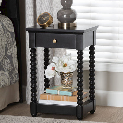 Nightstand with Bobbin Legs - 1-Drawer Bedroom Side Table, Storage Shelf, Black