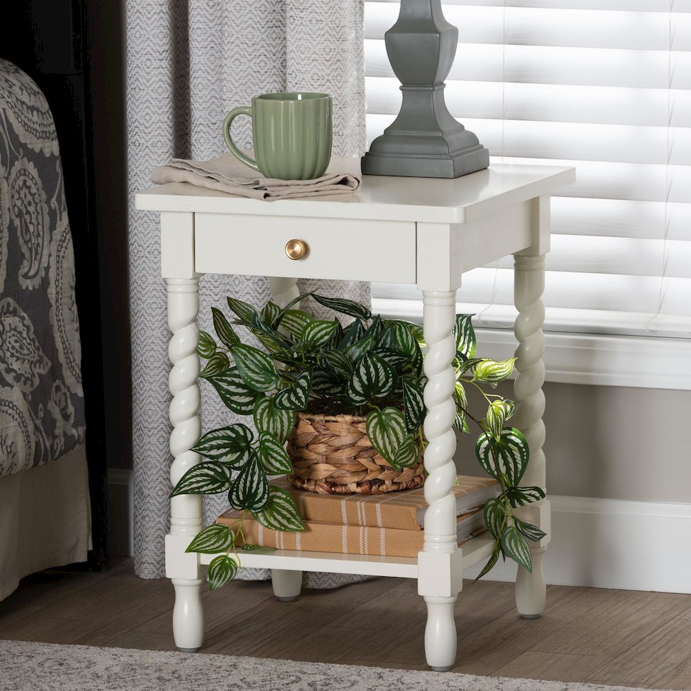 Nightstand with Twisted Legs - 1-Drawer Bedroom Side Table, Storage Shelf, White