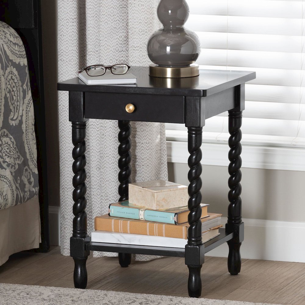 Nightstand with Twisted Legs - 1-Drawer Bedroom Side Table, Storage Shelf, Black