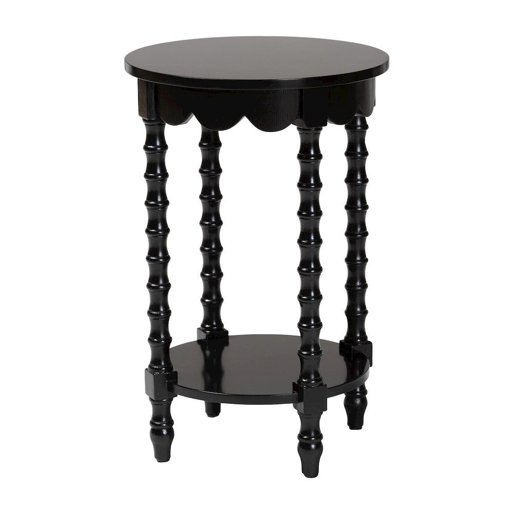Round Nightstand with Bamboo Legs - Scalloped Bedroom Side Table, Shelf, Black