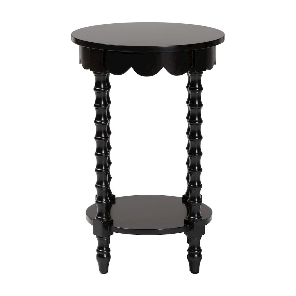 Round Nightstand with Bamboo Legs - Scalloped Bedroom Side Table, Shelf, Black