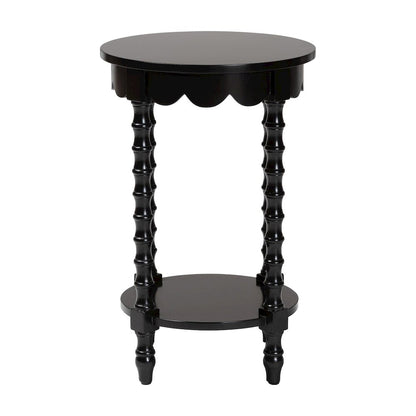 Round Nightstand with Bamboo Legs - Scalloped Bedroom Side Table, Shelf, Black