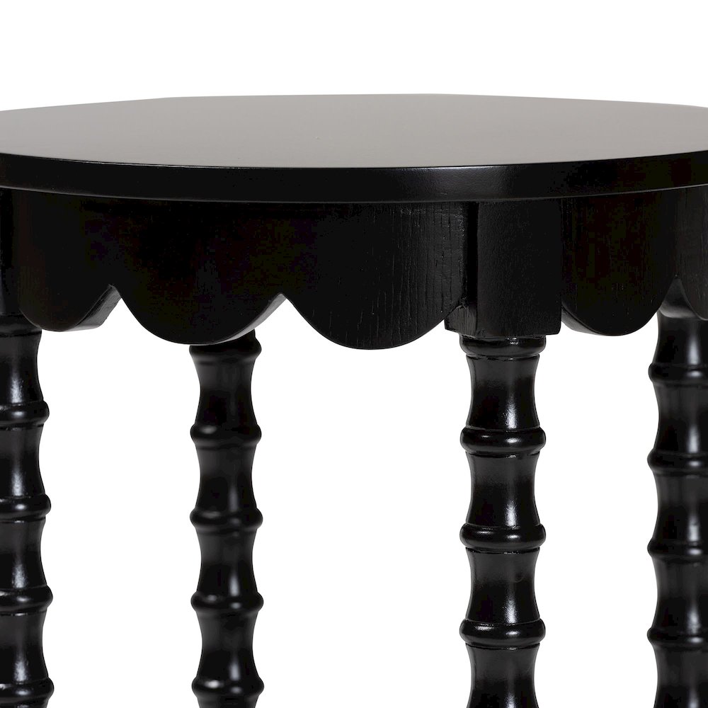 Round Nightstand with Bamboo Legs - Scalloped Bedroom Side Table, Shelf, Black