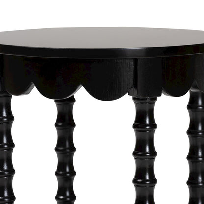 Round Nightstand with Bamboo Legs - Scalloped Bedroom Side Table, Shelf, Black