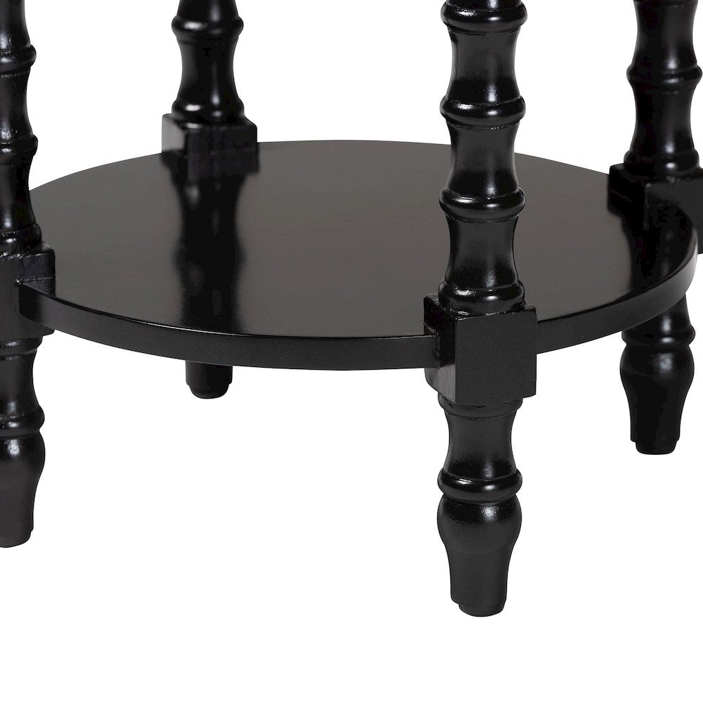 Round Nightstand with Bamboo Legs - Scalloped Bedroom Side Table, Shelf, Black