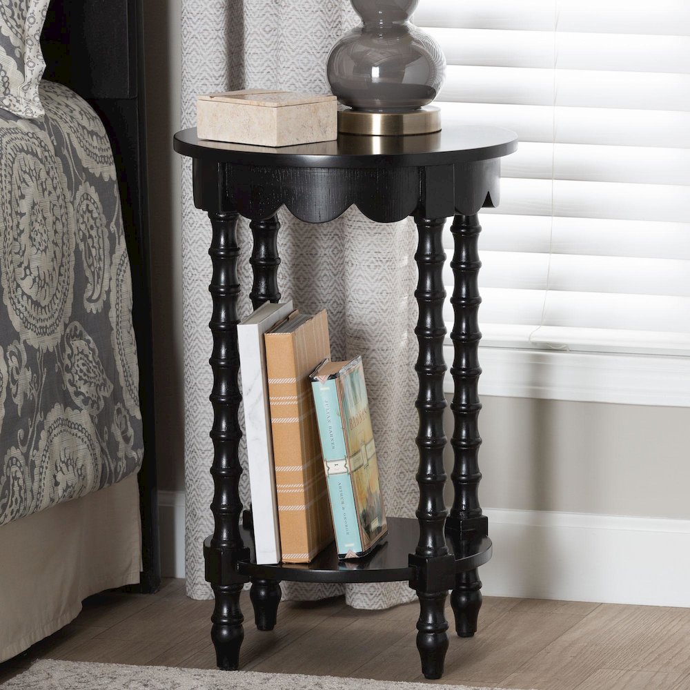 Round Nightstand with Bamboo Legs - Scalloped Bedroom Side Table, Shelf, Black