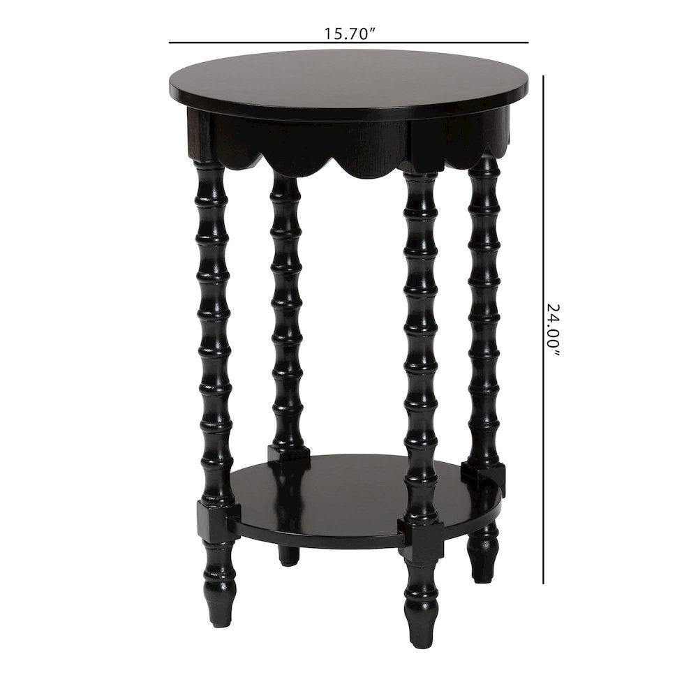 Round Nightstand with Bamboo Legs - Scalloped Bedroom Side Table, Shelf, Black