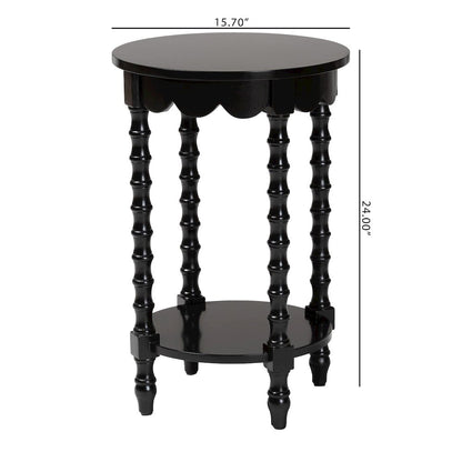 Round Nightstand with Bamboo Legs - Scalloped Bedroom Side Table, Shelf, Black