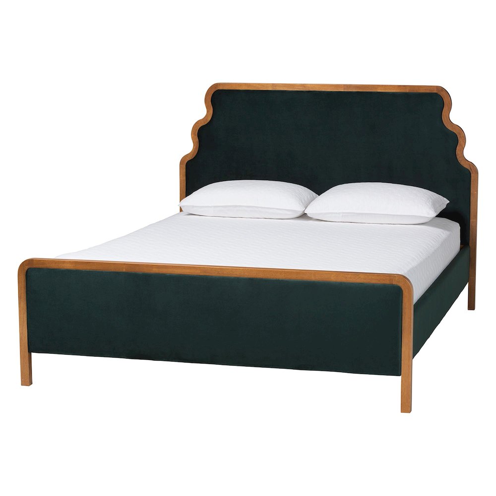 Velvet Upholstered Platform Bed - Classic Bed Frame with Headboard, Queen