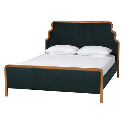 Velvet Upholstered Platform Bed - Classic Bed Frame with Headboard, Queen