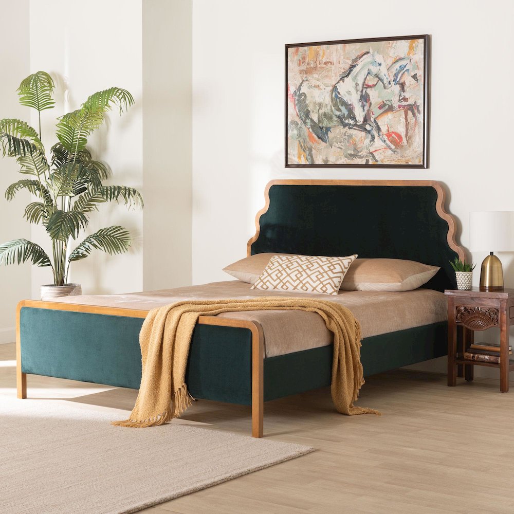 Velvet Upholstered Platform Bed - Classic Bed Frame with Headboard, Queen