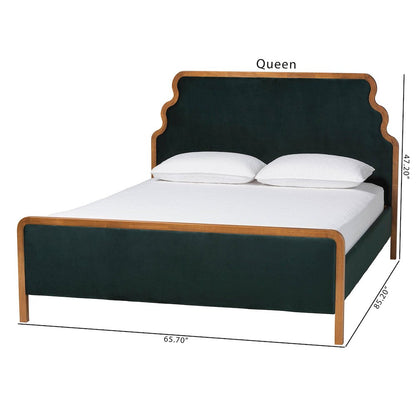 Velvet Upholstered Platform Bed - Classic Bed Frame with Headboard, Queen