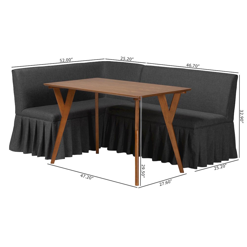 3-Piece Upholstered Dining Nook Set, L-Shaped Nook for Small Spaces, Dark Grey