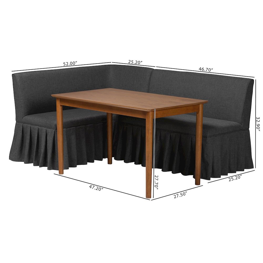 3-Piece Upholstered Dining Nook Set, L-Shaped Nook for Small Spaces, Dark Grey