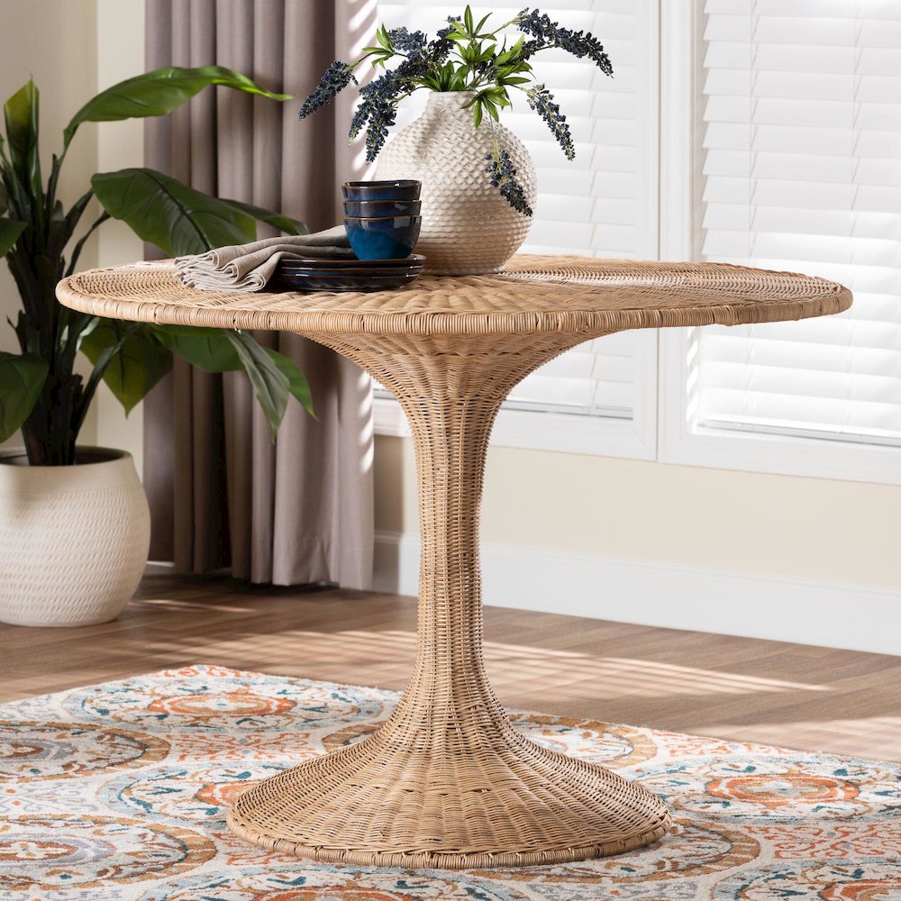 Natala Rattan Dining Table Handwoven Wicker Table, Pedestal Frame Centerpiece