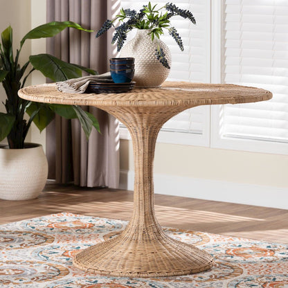 Natala Rattan Dining Table Handwoven Wicker Table, Pedestal Frame Centerpiece