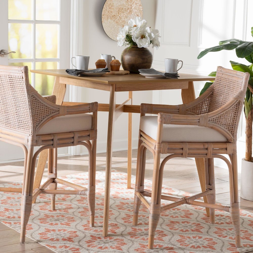 Allen Natural Rattan Counter Stool, Wicker Stool with Lattice Back