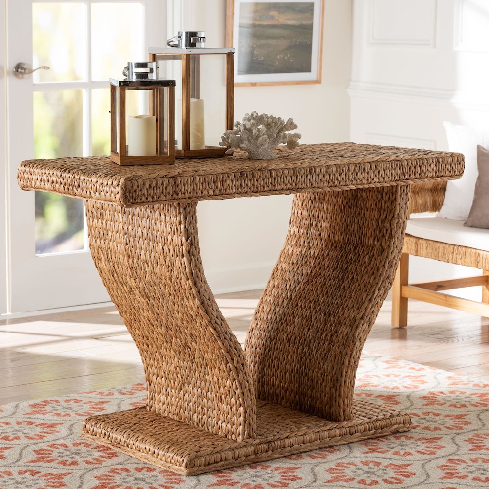 Alyssa Seagrass Console Table - Handwoven Display Table with Sculptural Frame