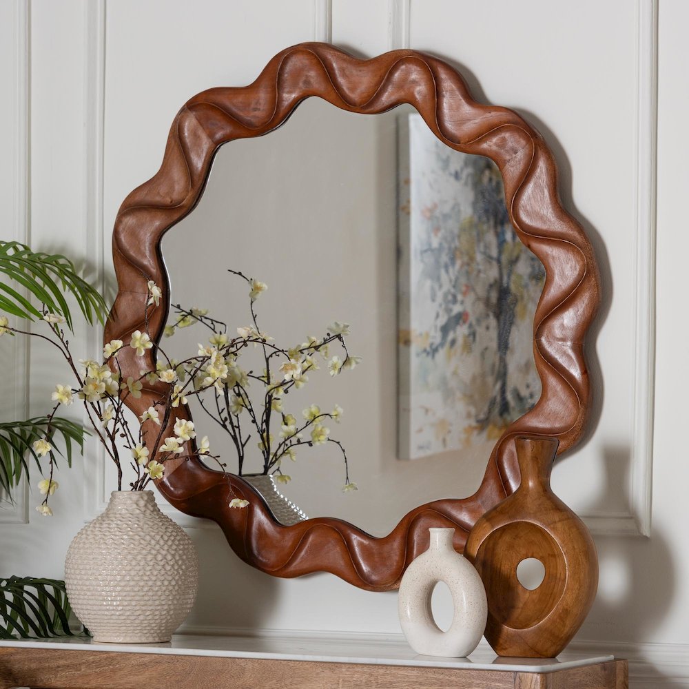 Round Wall Mirror with Sculpted Wavy Frame - Decorative Accent Mirror