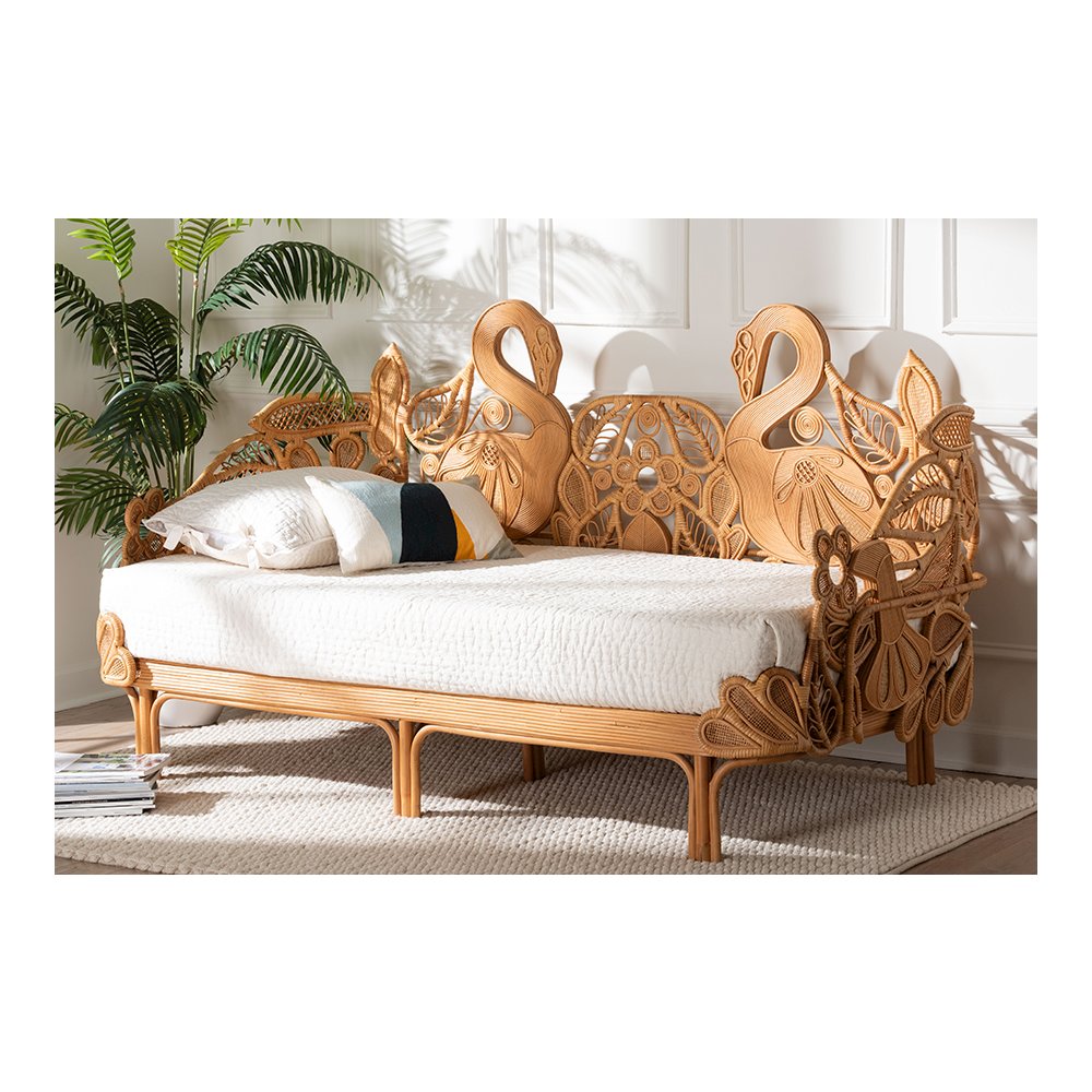 Aves Rattan Daybed with Decorative Flamingo Frame, Boho Coastal, Twin