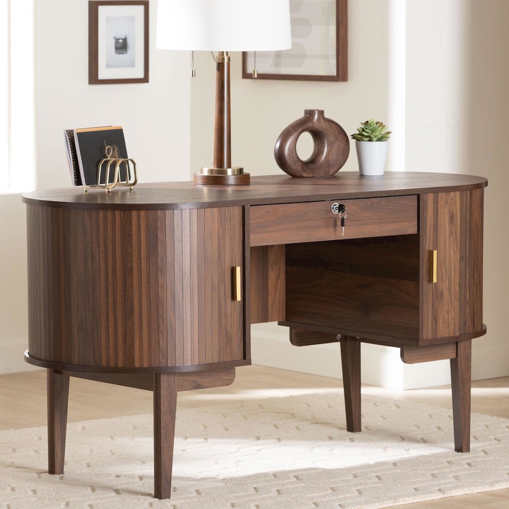 Hayes Wood Writing Desk - Mid-Century Modern Oval Desk with Locking Drawer