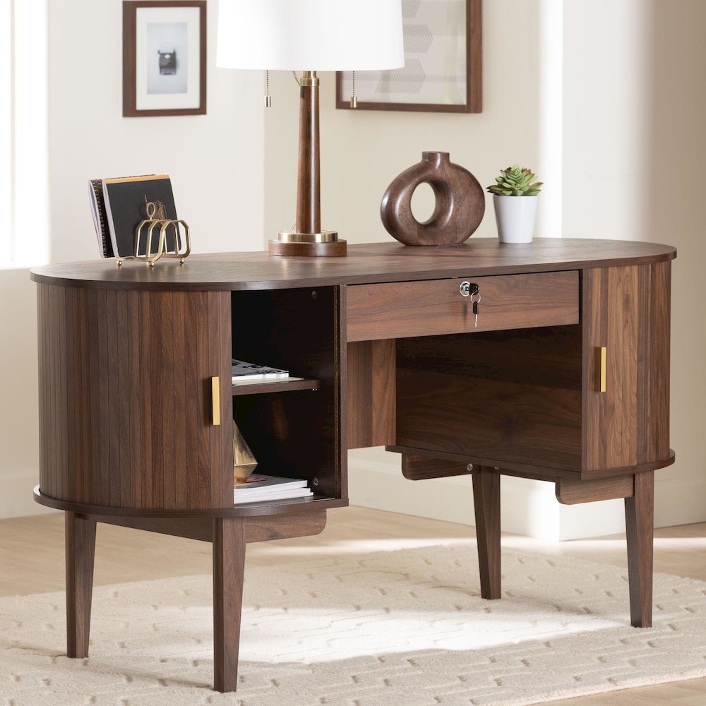 Hayes Wood Writing Desk - Mid-Century Modern Oval Desk with Locking Drawer