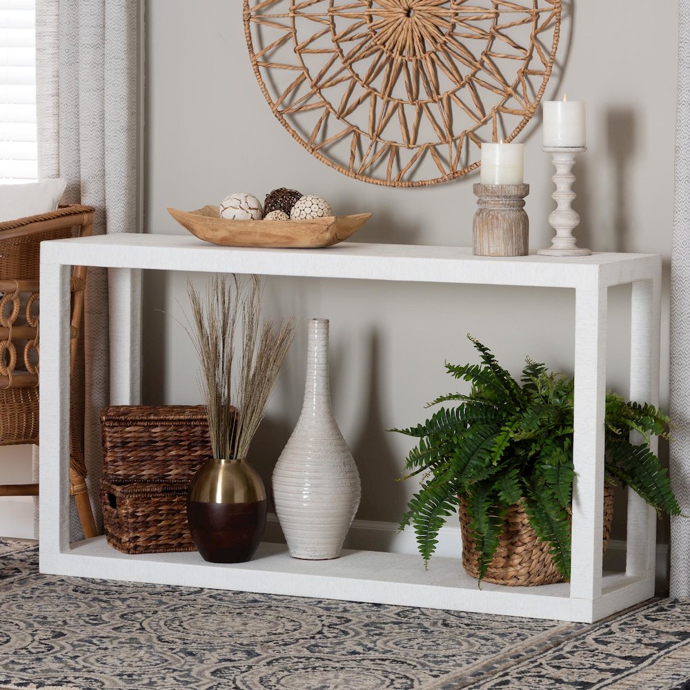Oaklynn Natural Grasscloth Console Table, Two-Tier Entryway Table, White