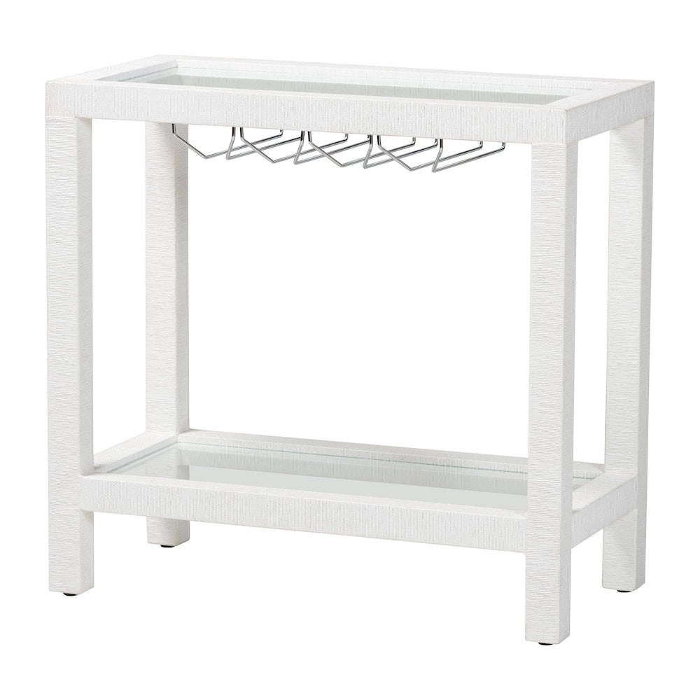 Oaklynn Natural Grasscloth Wine Rack, Bar Table with Glass Shelves, White