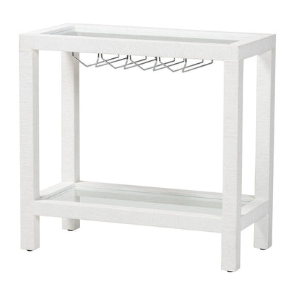 Oaklynn Natural Grasscloth Wine Rack, Bar Table with Glass Shelves, White