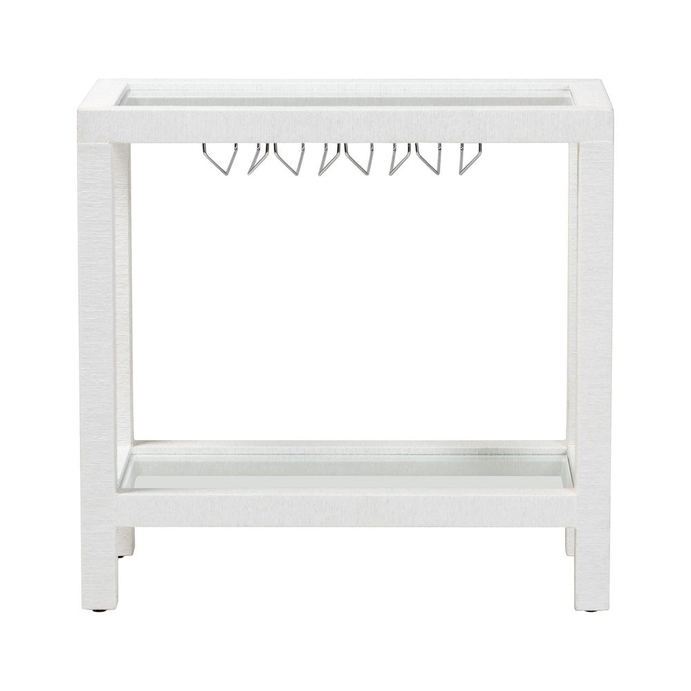 Oaklynn Natural Grasscloth Wine Rack, Bar Table with Glass Shelves, White