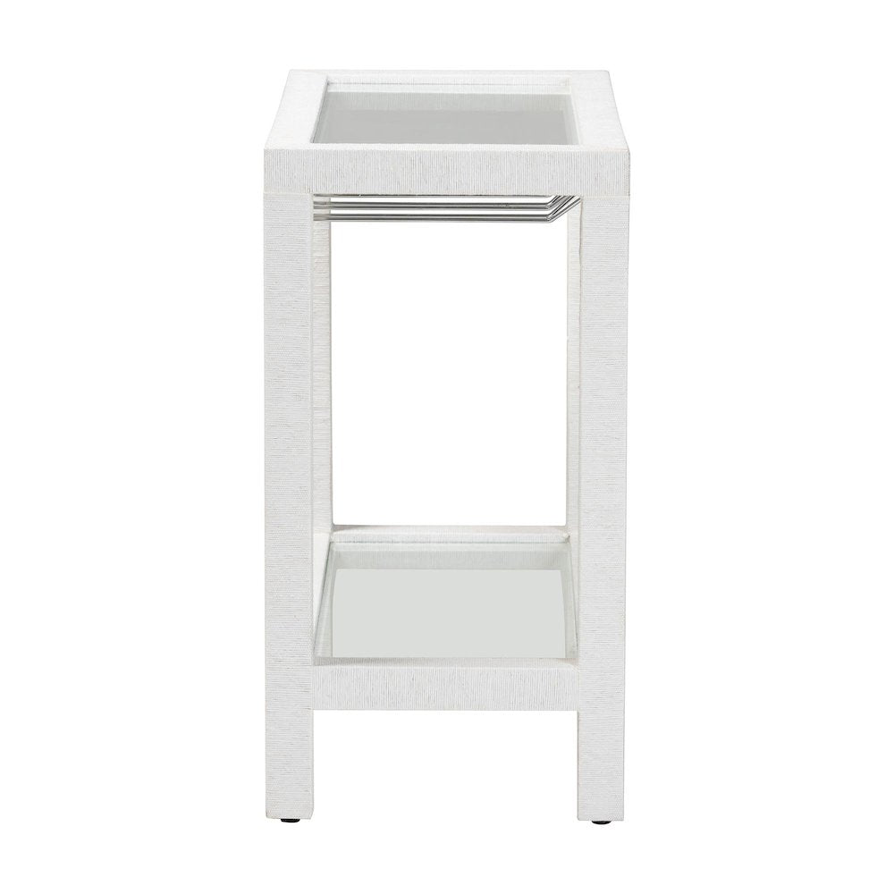 Oaklynn Natural Grasscloth Wine Rack, Bar Table with Glass Shelves, White