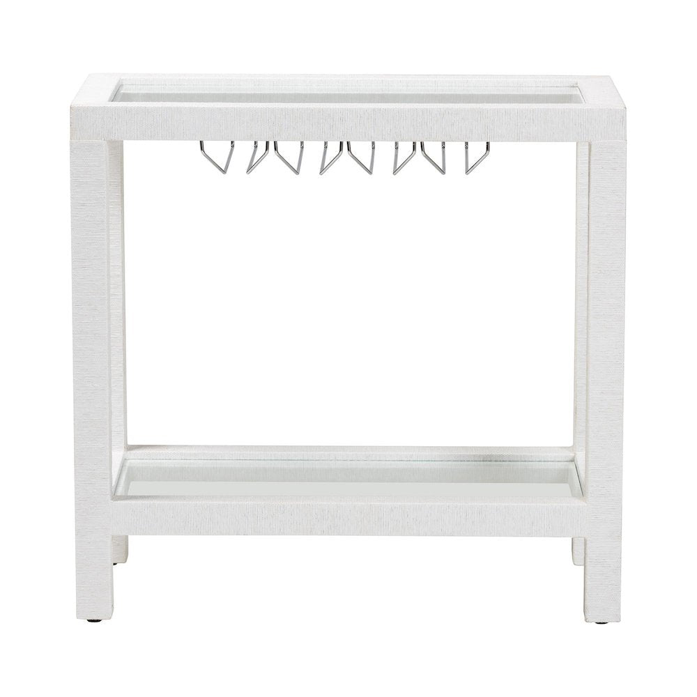 Oaklynn Natural Grasscloth Wine Rack, Bar Table with Glass Shelves, White