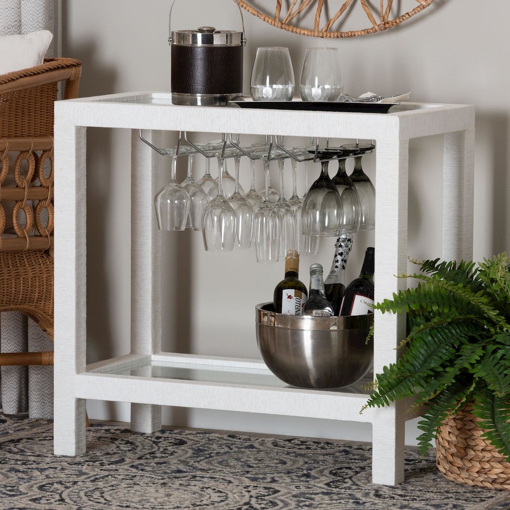 Oaklynn Natural Grasscloth Wine Rack, Bar Table with Glass Shelves, White
