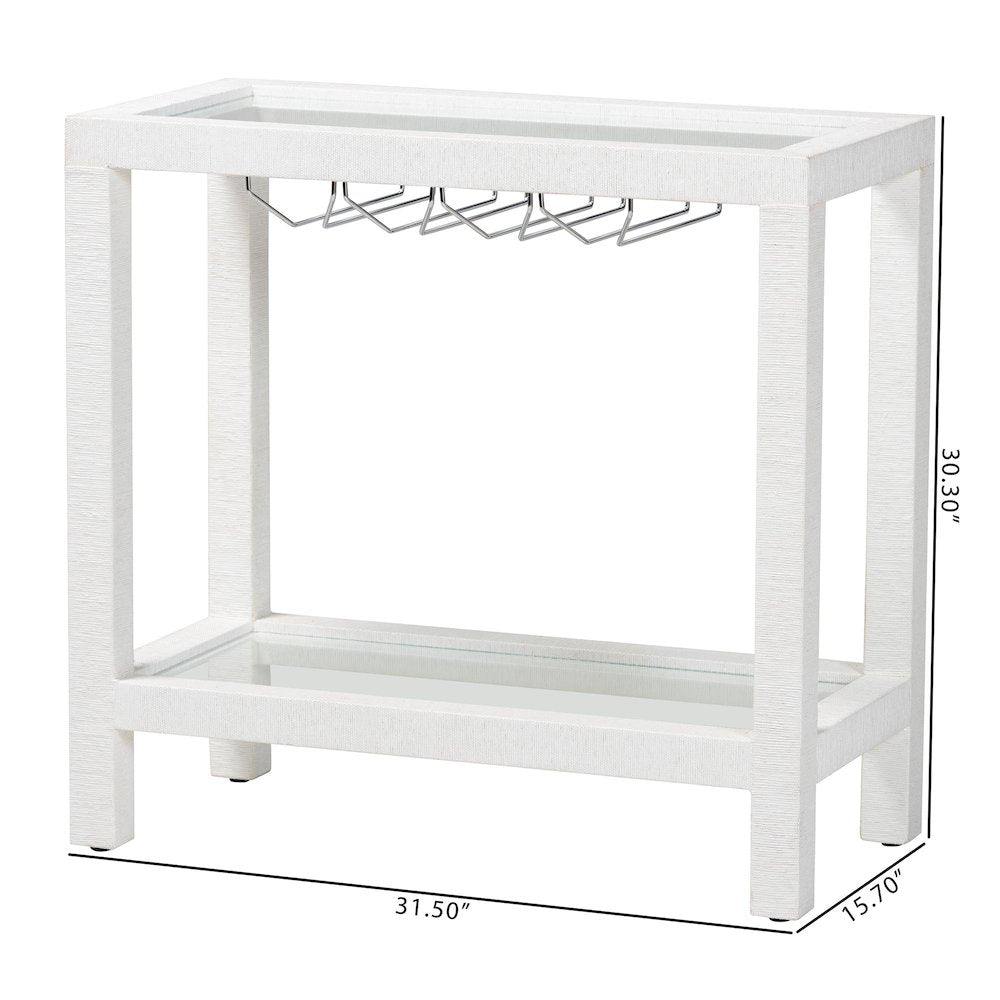 Oaklynn Natural Grasscloth Wine Rack, Bar Table with Glass Shelves, White