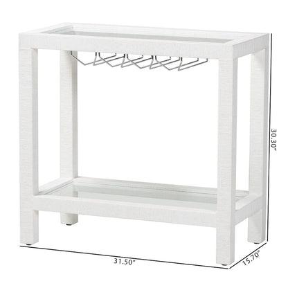 Oaklynn Natural Grasscloth Wine Rack, Bar Table with Glass Shelves, White