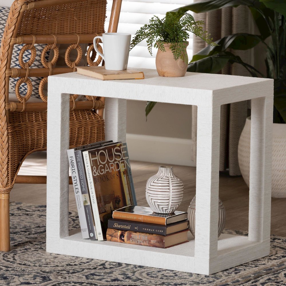 Oaklynn Natural Grasscloth End Table - Two-Tier Accent Table, White