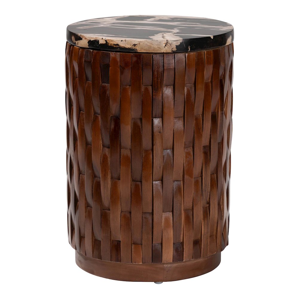 End Table with Petrified Wood Top, Accent Side Table, Recycled Teak Wood Frame