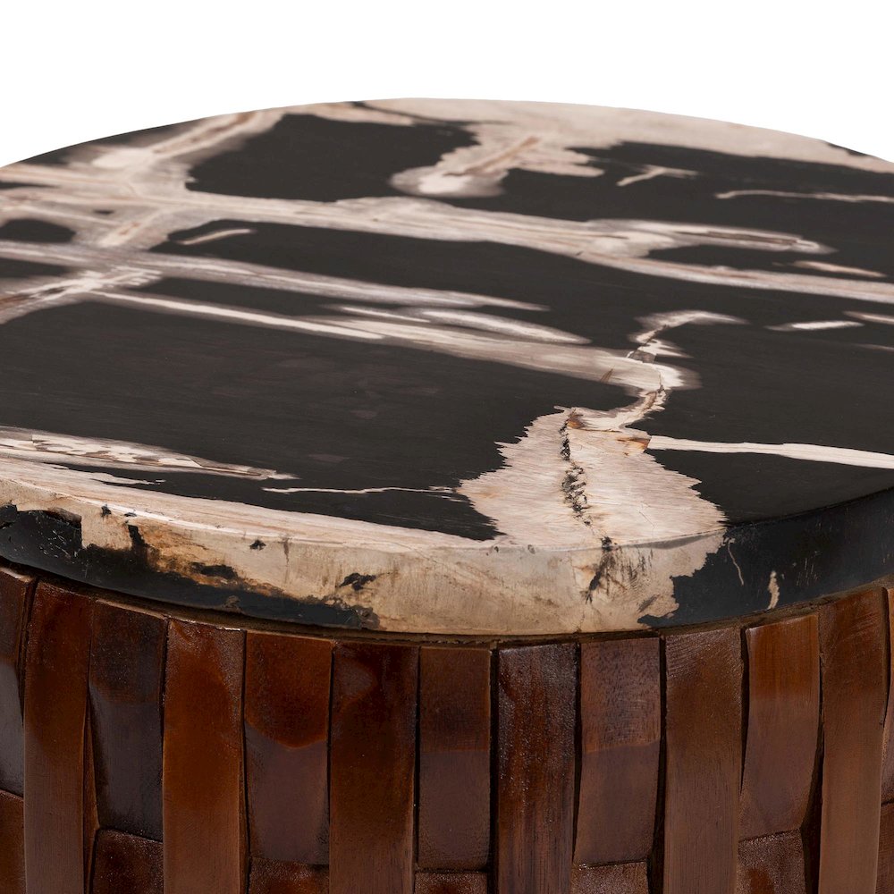 End Table with Petrified Wood Top, Accent Side Table, Recycled Teak Wood Frame