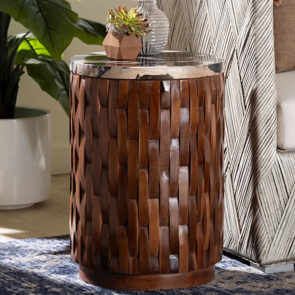 End Table with Petrified Wood Top, Accent Side Table, Recycled Teak Wood Frame
