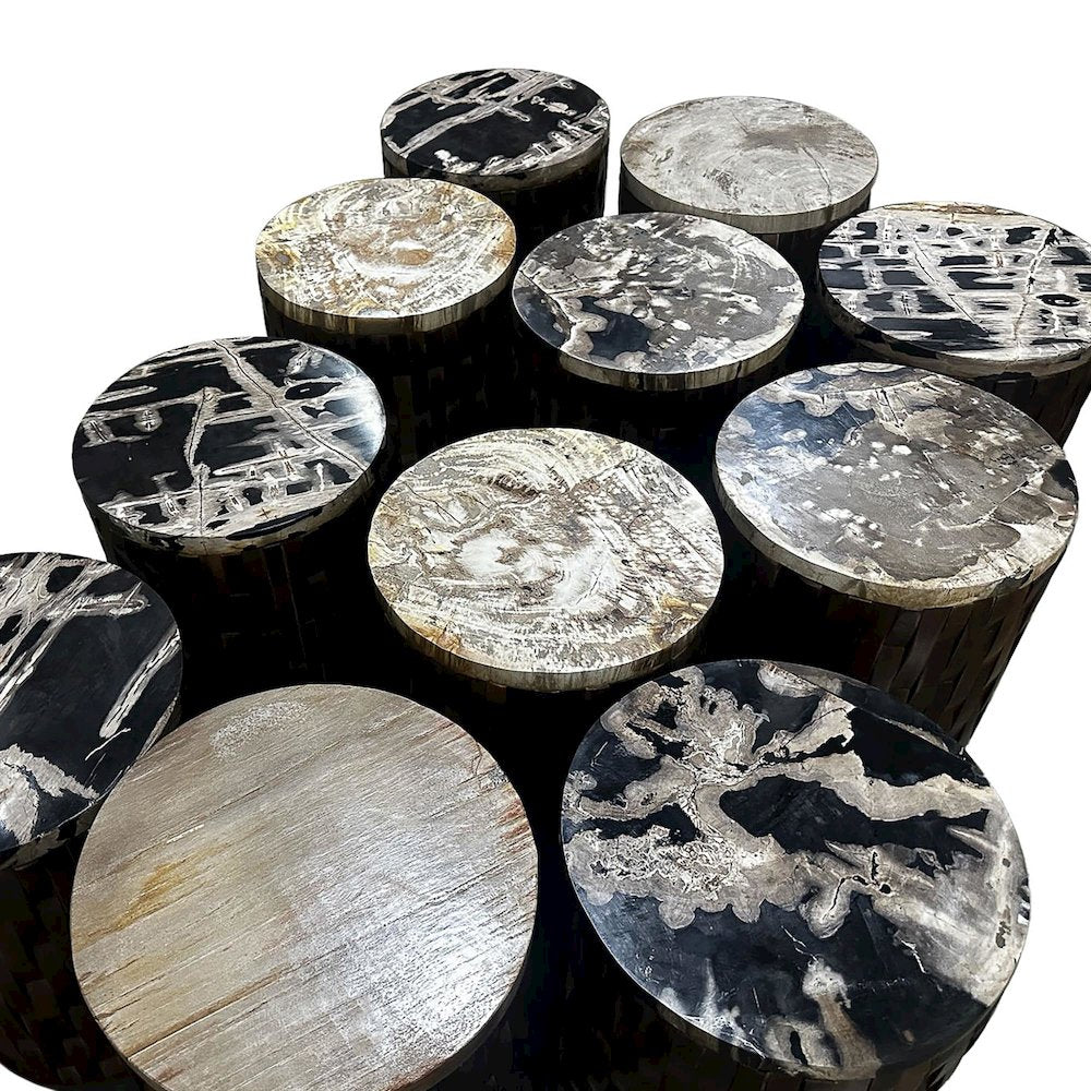 End Table with Petrified Wood Top, Accent Side Table, Recycled Teak Wood Frame
