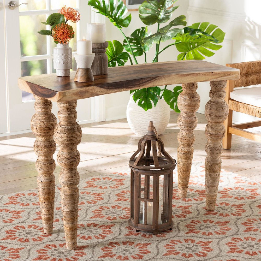 Teak Wood Console Table with Seagrass and Bobbin Legs, Narrow Entryway Table