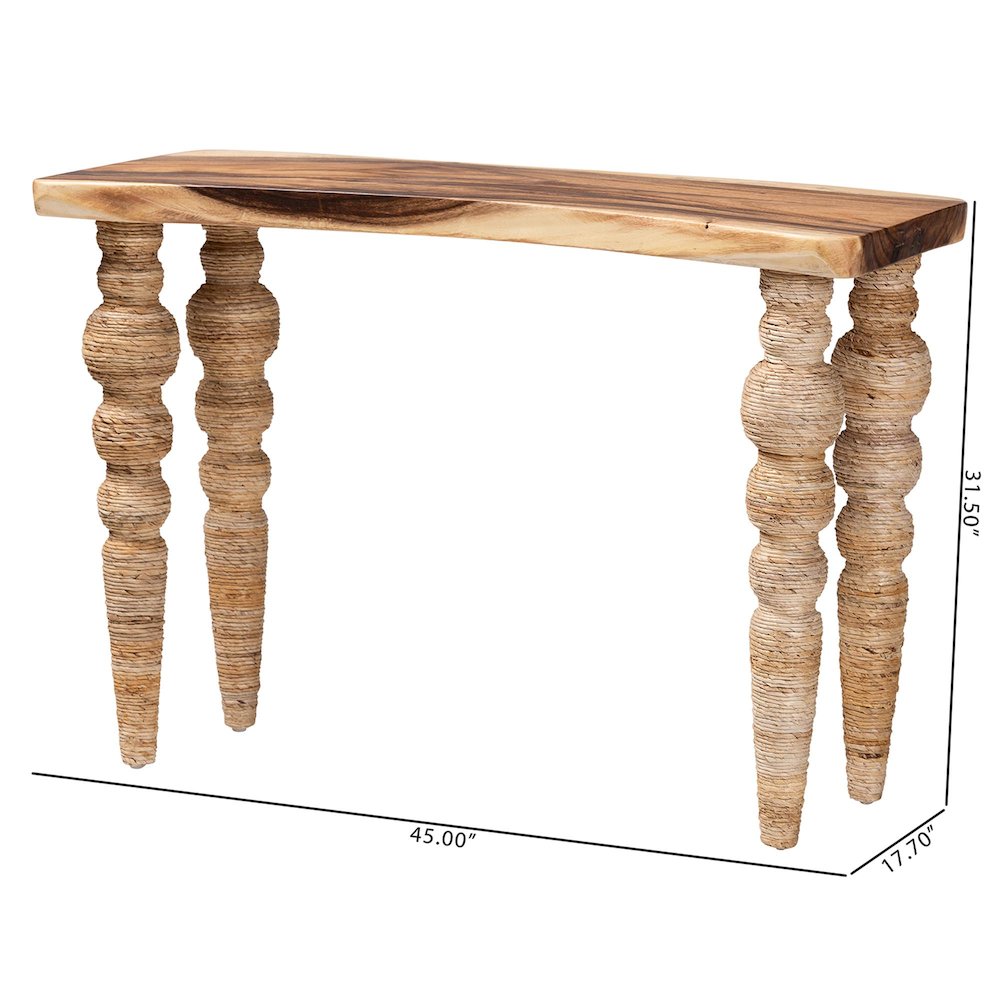 Teak Wood Console Table with Seagrass and Bobbin Legs, Narrow Entryway Table