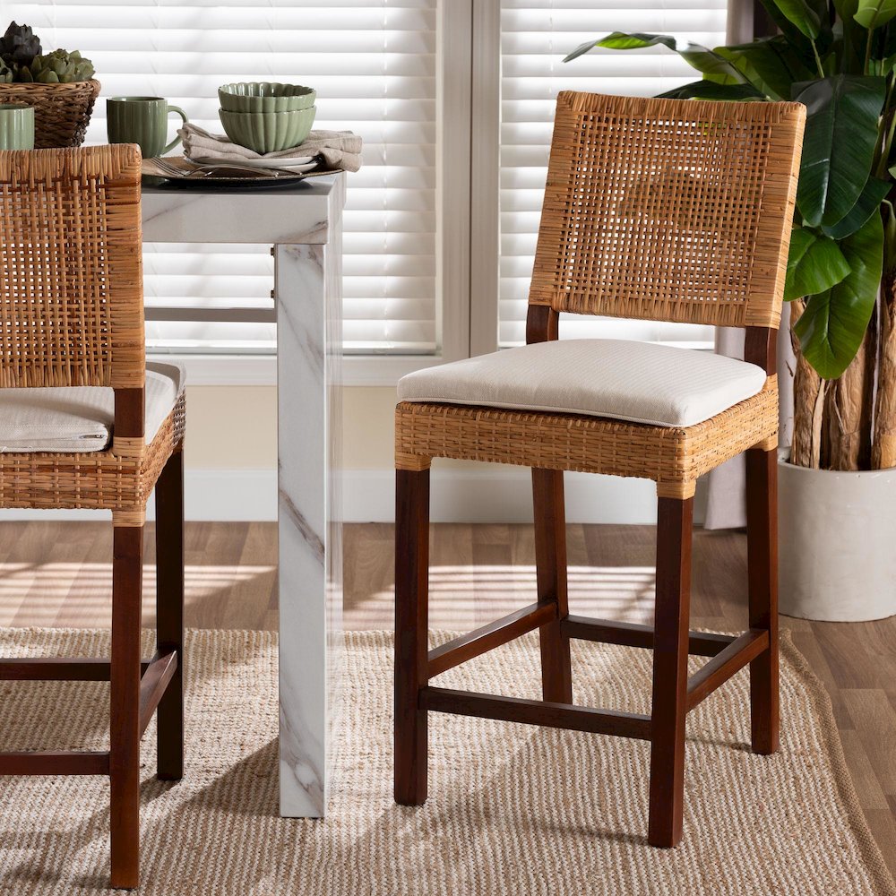 Natural Rattan Counter Stool with Cushion - Handwoven Wicker Stool